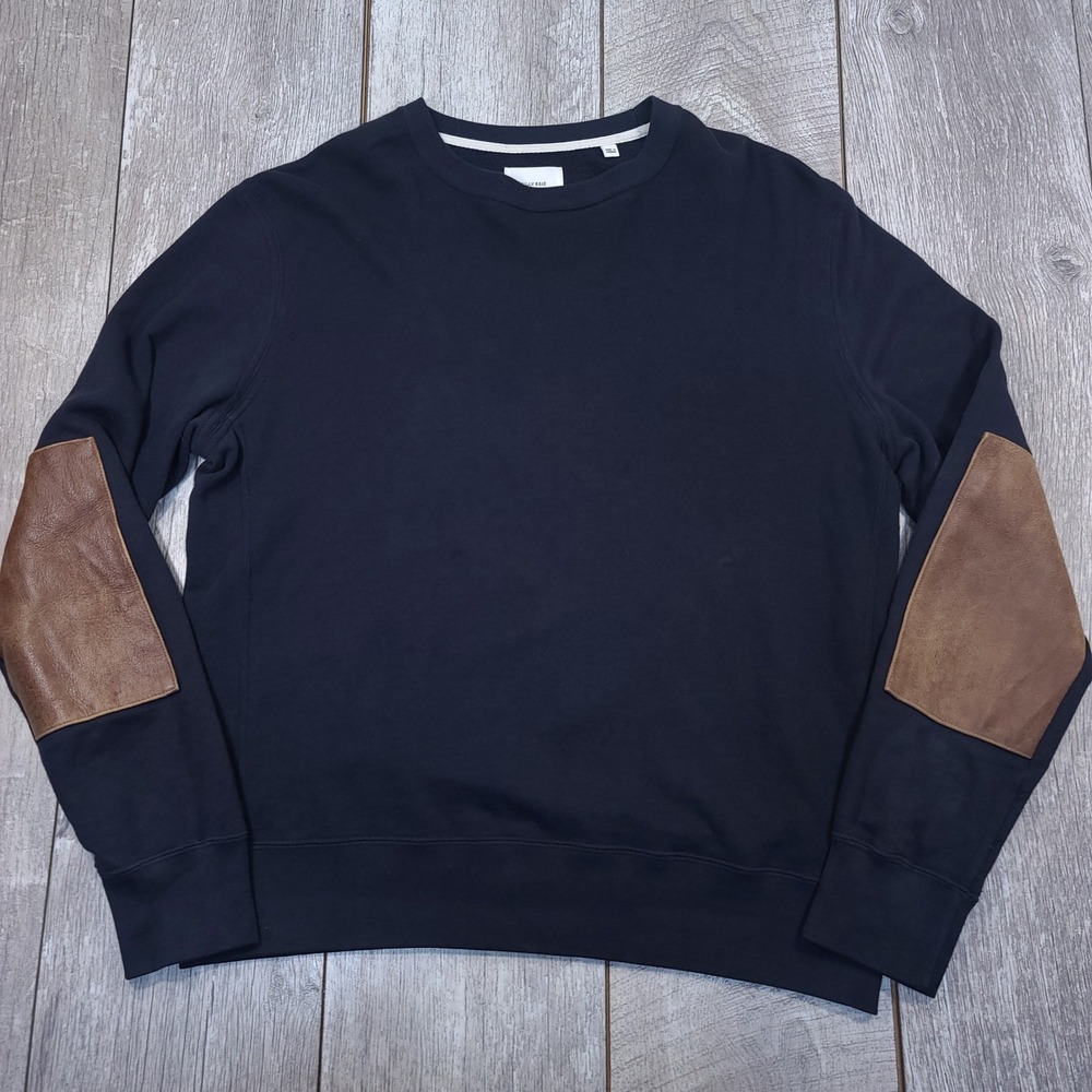 Billy Reid Sweatshirt Mens Medium Navy Blue Leather Elbow Patch Crew Neck